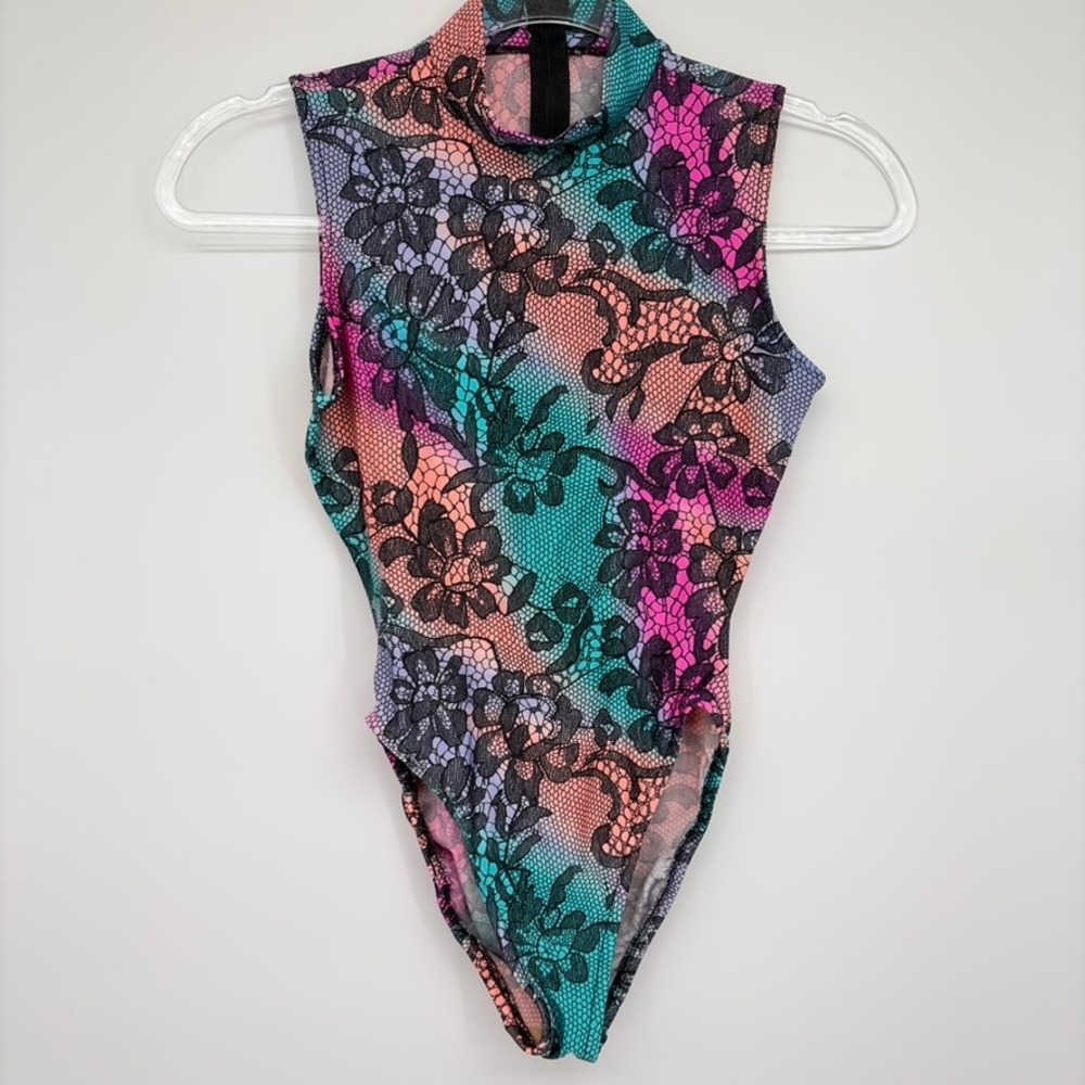 Gilda Marx Flexatard Vintage 80s Floral Lace Print Mock Neck Leotard Sz S USA - Picture 12 of 13